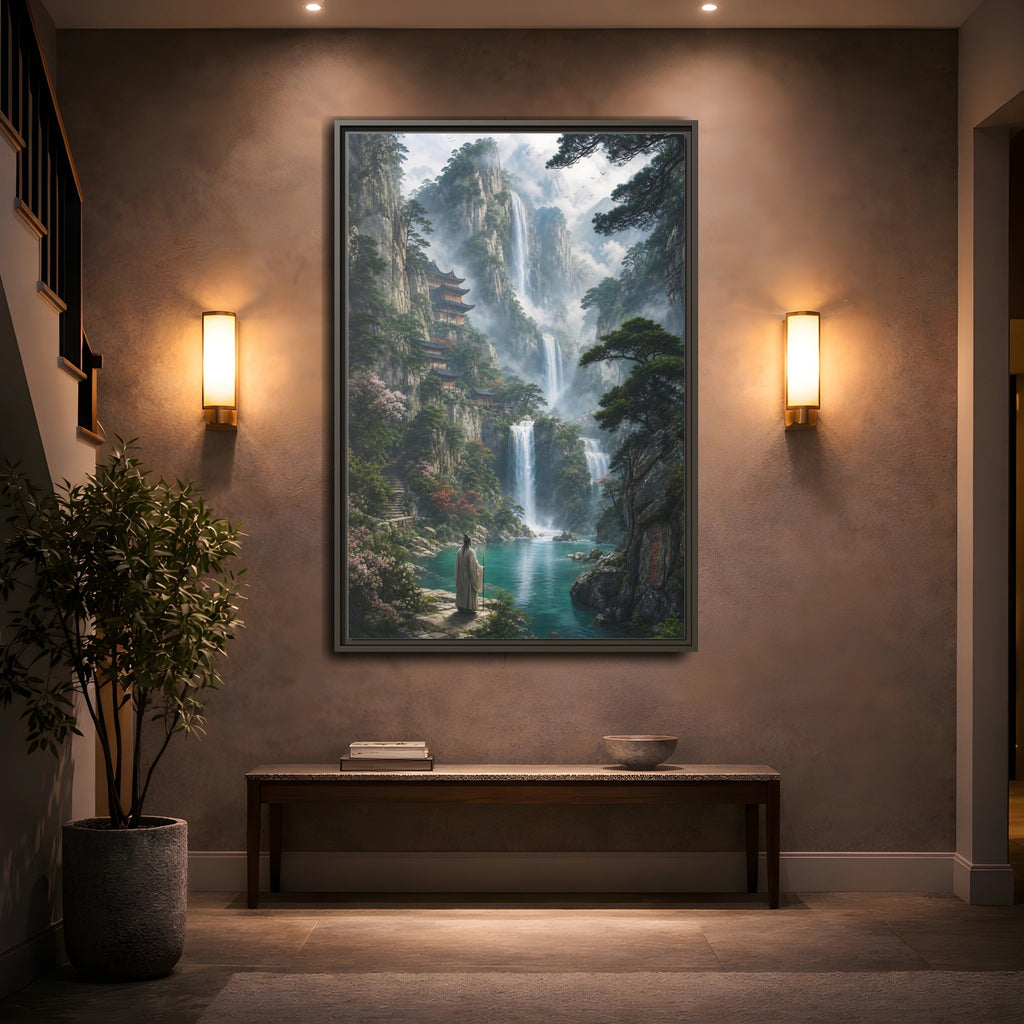 Mockup 2. Nature Mountain Waterfalls Misty Teal Mountains shown as stretched canvas wall art