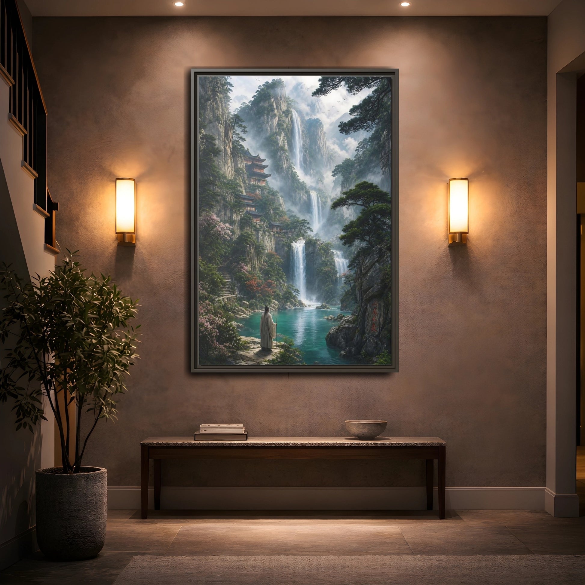 Mockup 2. Nature Mountain Waterfalls Misty Teal Mountains shown as stretched canvas wall art