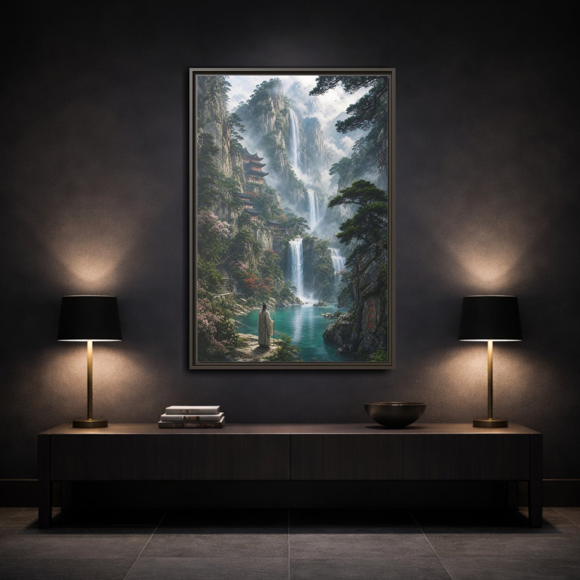 Mockup 3. Nature Mountain Waterfalls Misty Teal Mountains shown as stretched canvas wall art