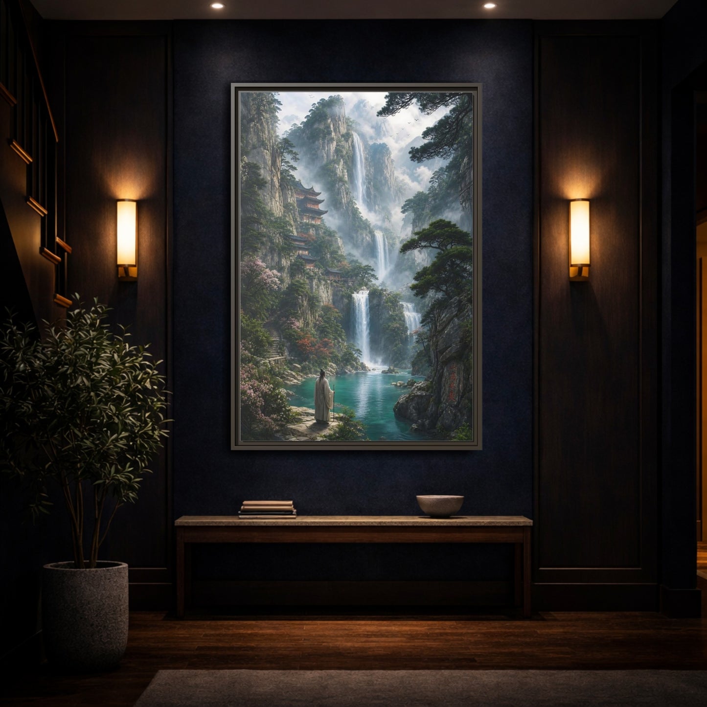 Mockup 4. Nature Mountain Waterfalls Misty Teal Mountains shown as stretched canvas wall art
