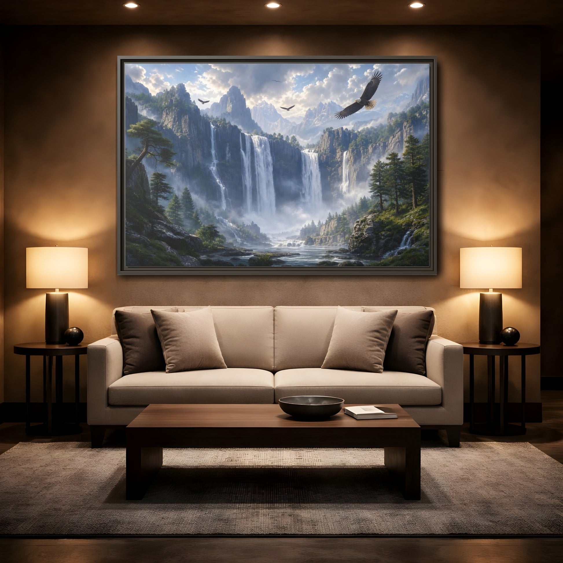 Mockup 2. Nature Mountain Waterfalls Mountain Waterfall Scene shown as stretched canvas wall art