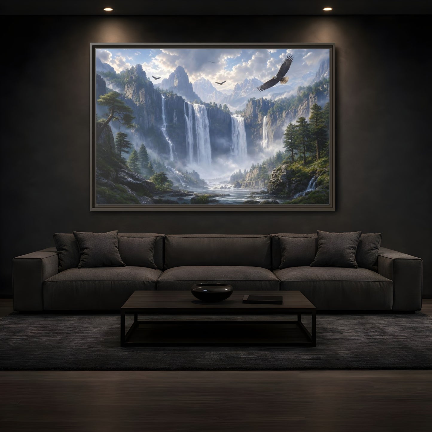 Mockup 3. Nature Mountain Waterfalls Mountain Waterfall Scene shown as stretched canvas wall art