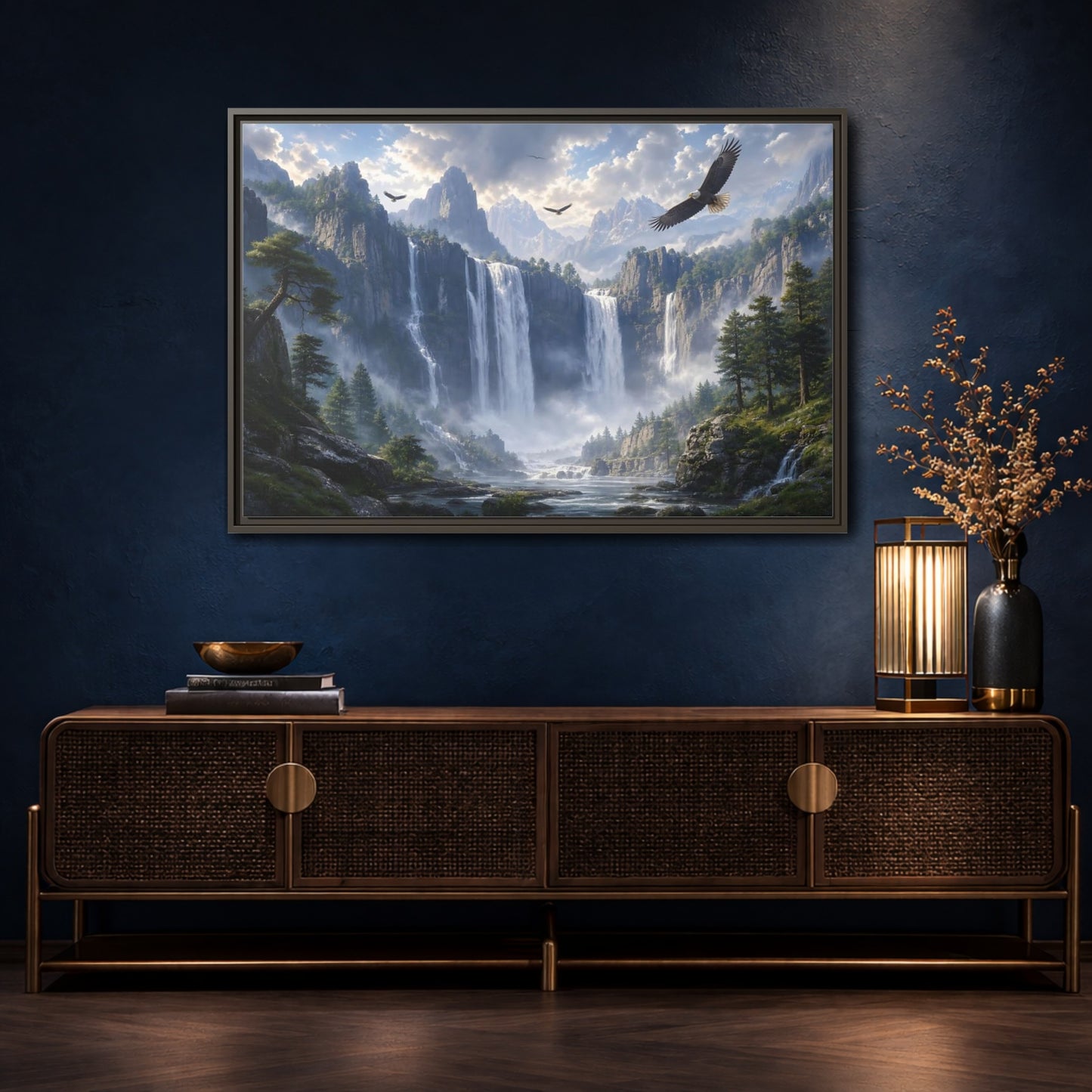 Mockup 4. Nature Mountain Waterfalls Mountain Waterfall Scene shown as stretched canvas wall art