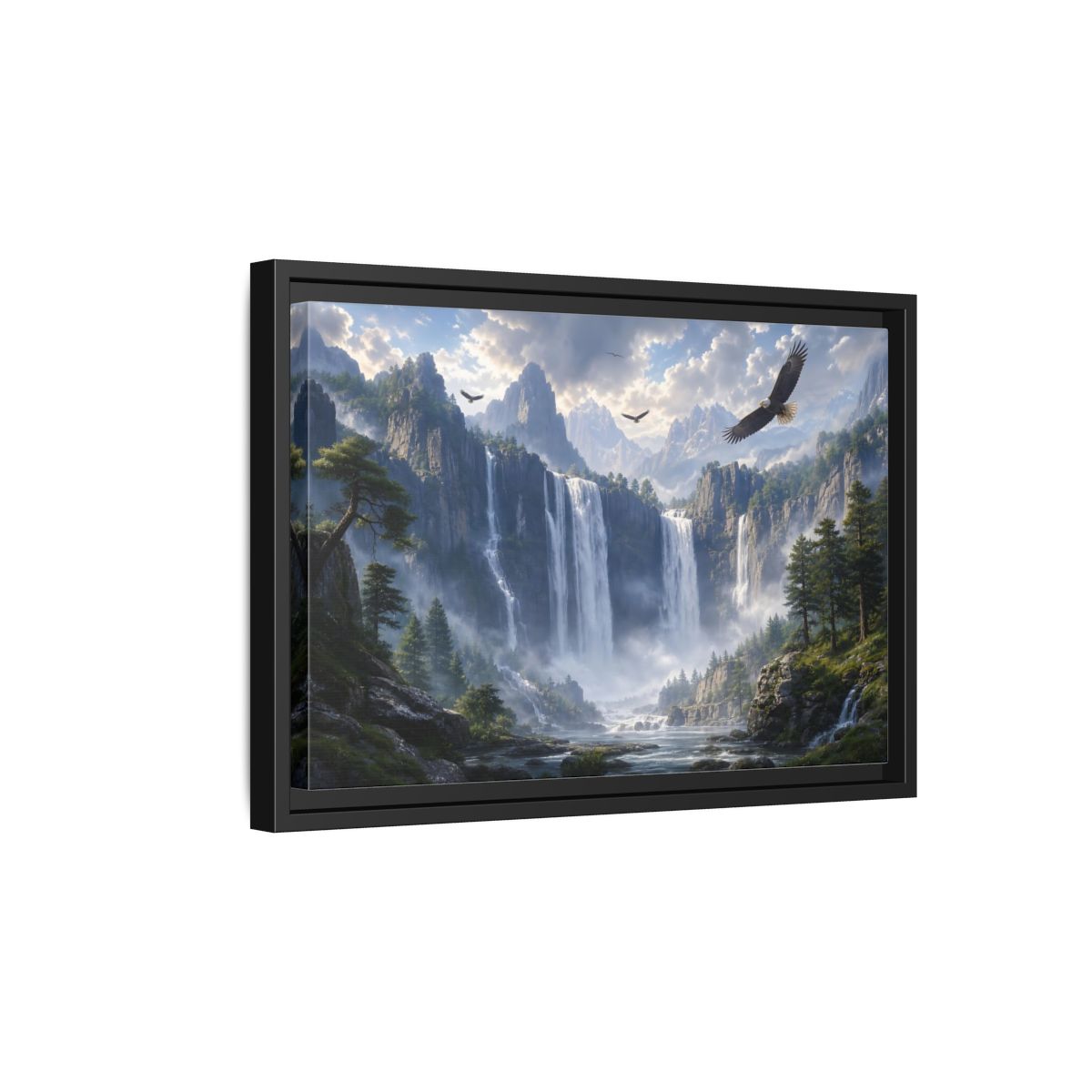 Side Mockup 6. Nature Mountain Waterfalls Mountain Waterfall Scene shown as stretched canvas wall art