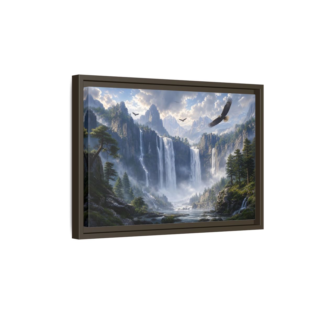 Side Mockup 5. Nature Mountain Waterfalls Mountain Waterfall Scene shown as stretched canvas wall art