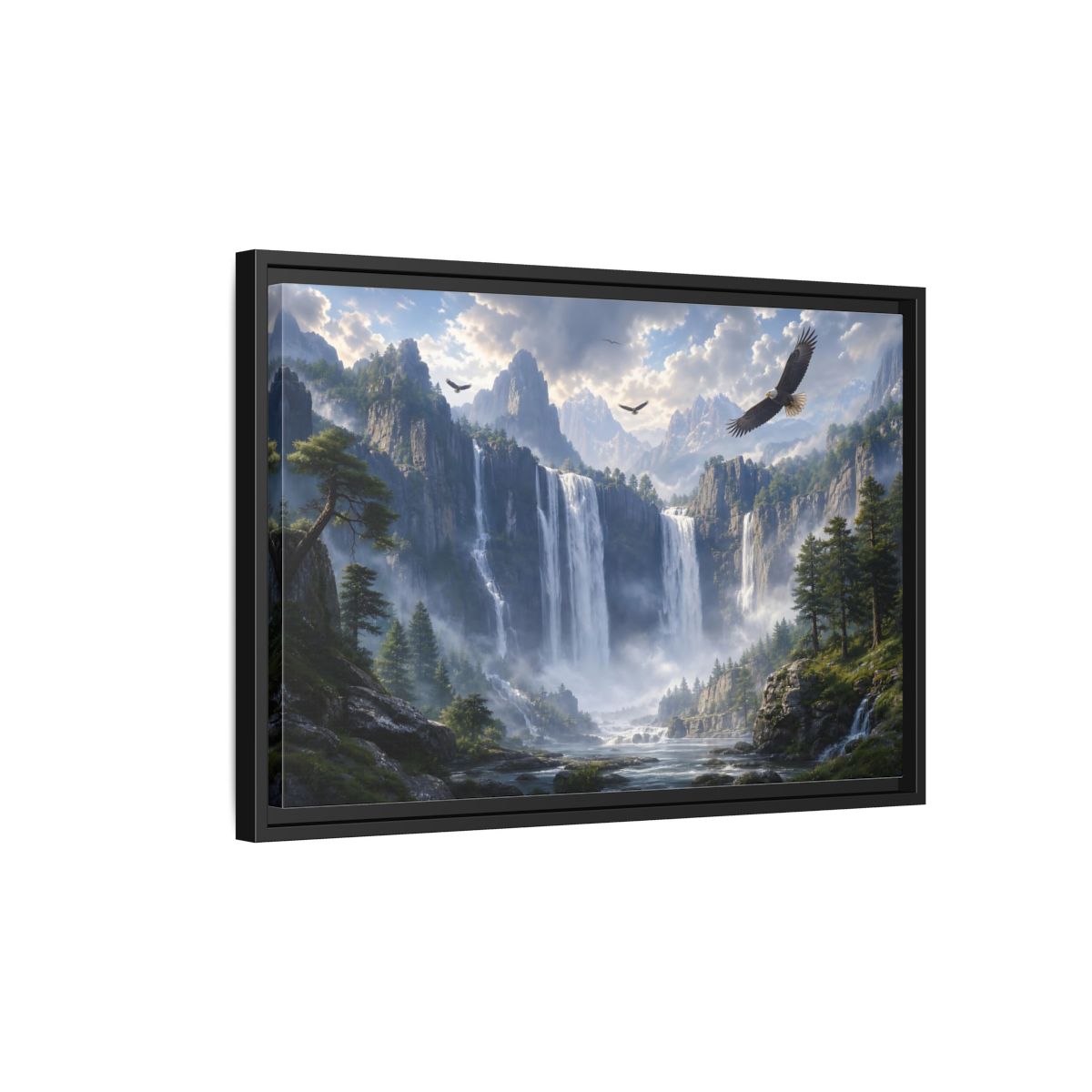 Side Mockup 3. Nature Mountain Waterfalls Mountain Waterfall Scene shown as stretched canvas wall art