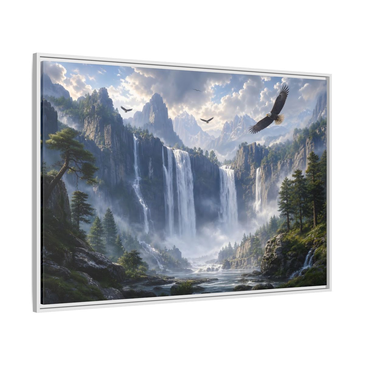 Side Mockup 7. Nature Mountain Waterfalls Mountain Waterfall Scene shown as stretched canvas wall art
