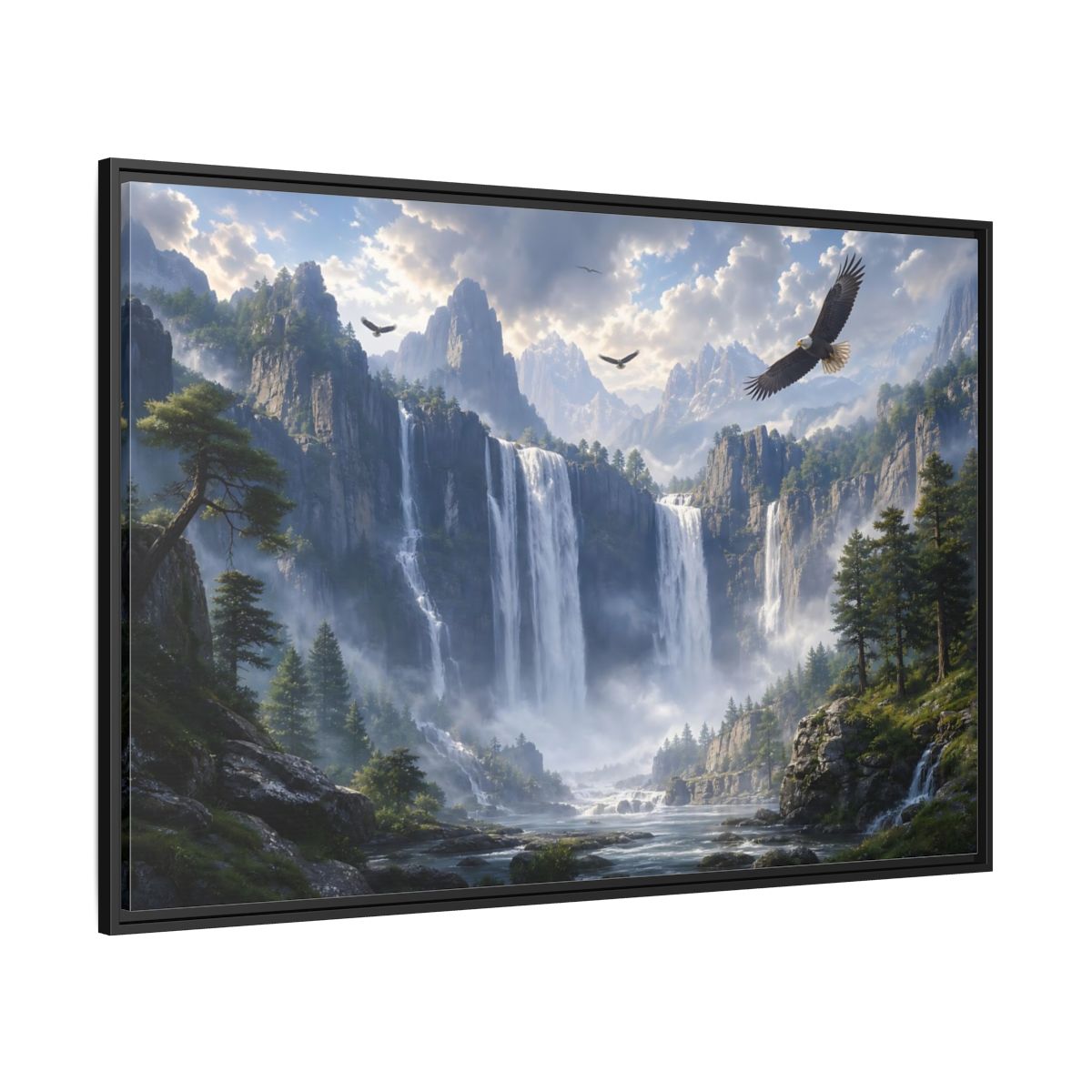 Side Mockup 12. Nature Mountain Waterfalls Mountain Waterfall Scene shown as stretched canvas wall art