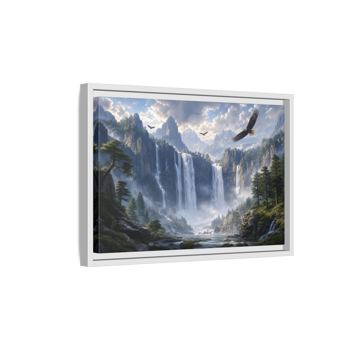 Side Mockup 4. Nature Mountain Waterfalls Mountain Waterfall Scene shown as stretched canvas wall art