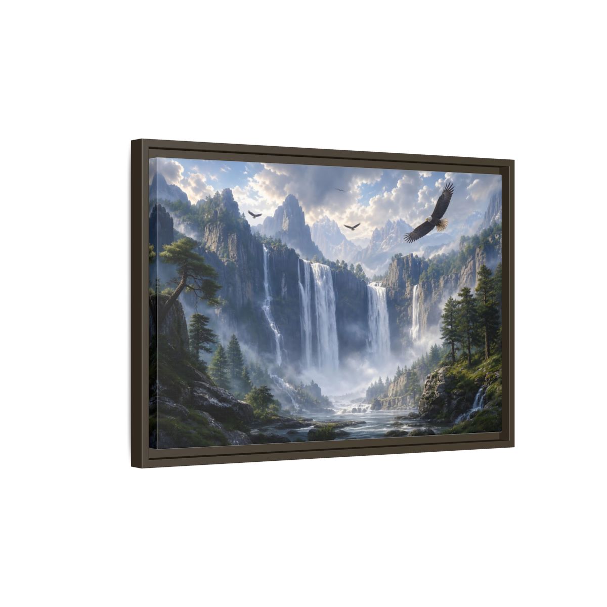 Side Mockup 2. Nature Mountain Waterfalls Mountain Waterfall Scene shown as stretched canvas wall art