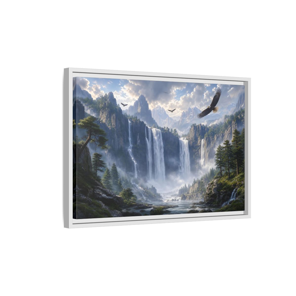 Side Mockup 1. Nature Mountain Waterfalls Mountain Waterfall Scene shown as stretched canvas wall art
