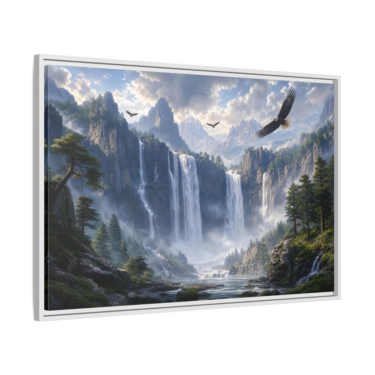 Side Mockup 9. Nature Mountain Waterfalls Mountain Waterfall Scene shown as stretched canvas wall art
