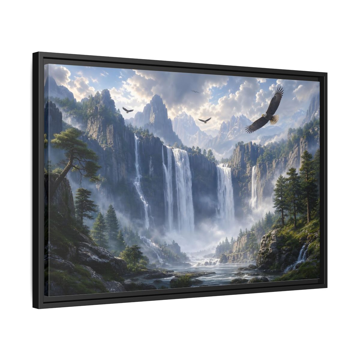 Side Mockup 14. Nature Mountain Waterfalls Mountain Waterfall Scene shown as stretched canvas wall art