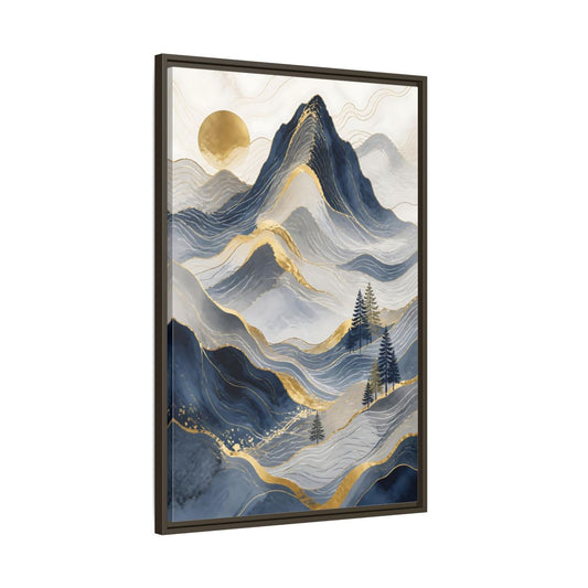 Main Mockup. Nature Mountains Blue And Gold shown as stretched canvas wall art