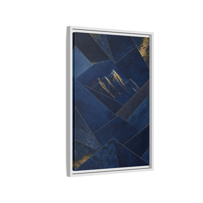 Side Mockup 1. Nature Mountains Blue And Gold shown as stretched canvas wall art