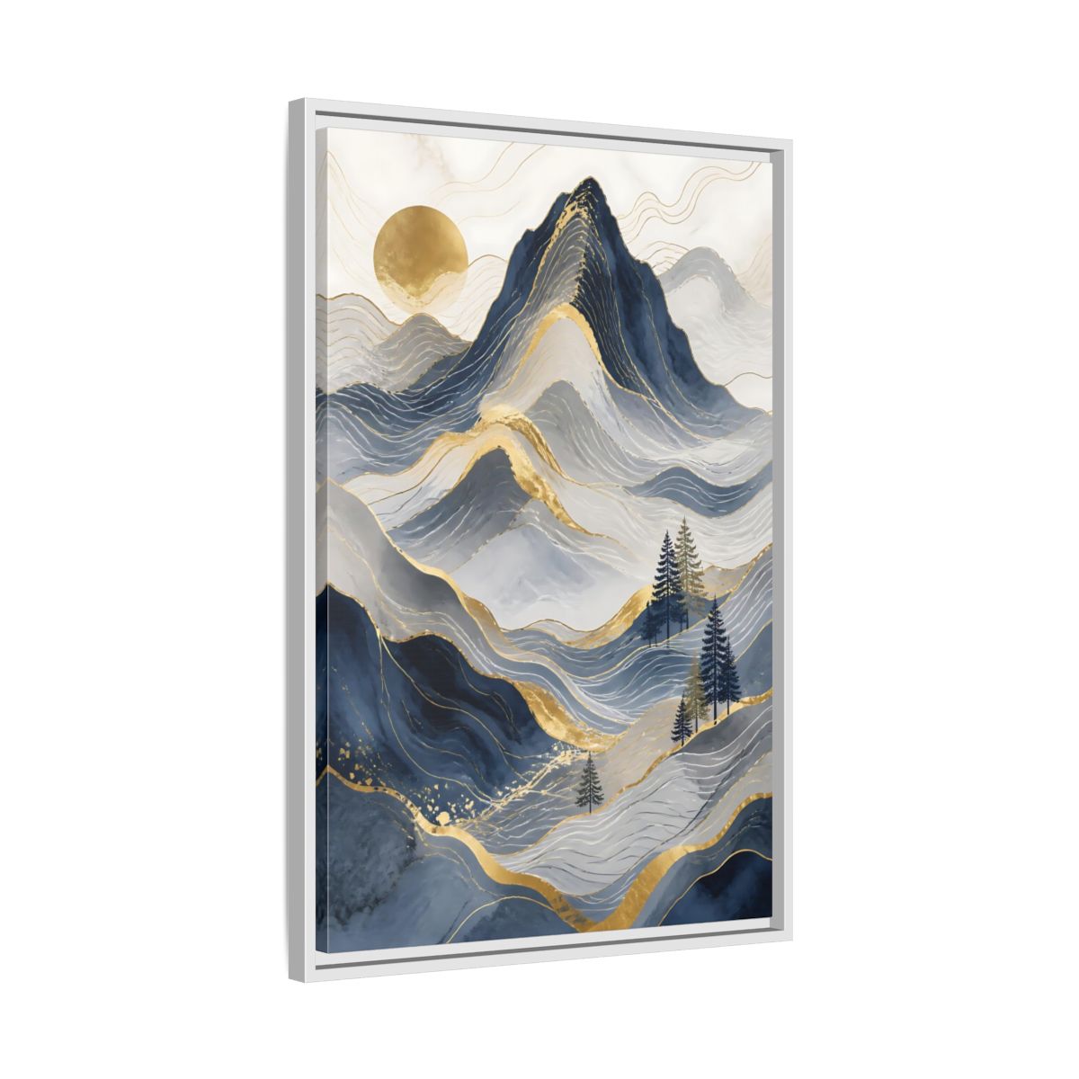 Side Mockup 10. Nature Mountains Blue And Gold shown as stretched canvas wall art