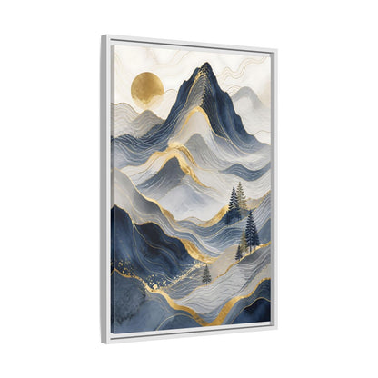 Nature Mountains Blue and Gold Framed Canvas Wall Art - Abstract Living Room Above Console Table shown as canvas wall art