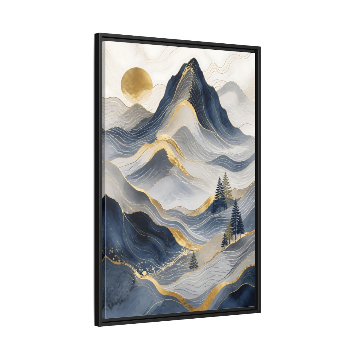Side Mockup 13. Nature Mountains Blue And Gold shown as stretched canvas wall art