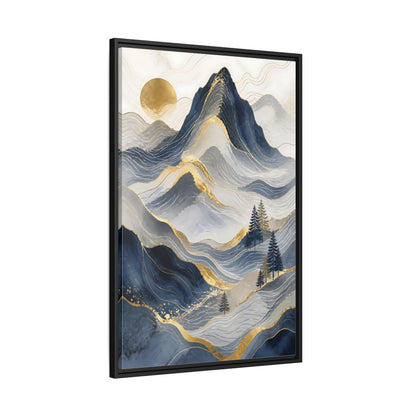 Nature Mountains Blue and Gold Framed Canvas Wall Art - Abstract Living Room Above Console Table shown as canvas wall art