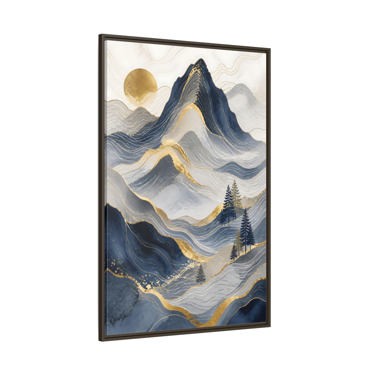 Side Mockup 8. Nature Mountains Blue And Gold shown as stretched canvas wall art
