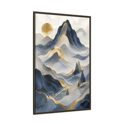 Nature Mountains Blue and Gold Framed Canvas Wall Art - Abstract Living Room Above Console Table shown as canvas wall art