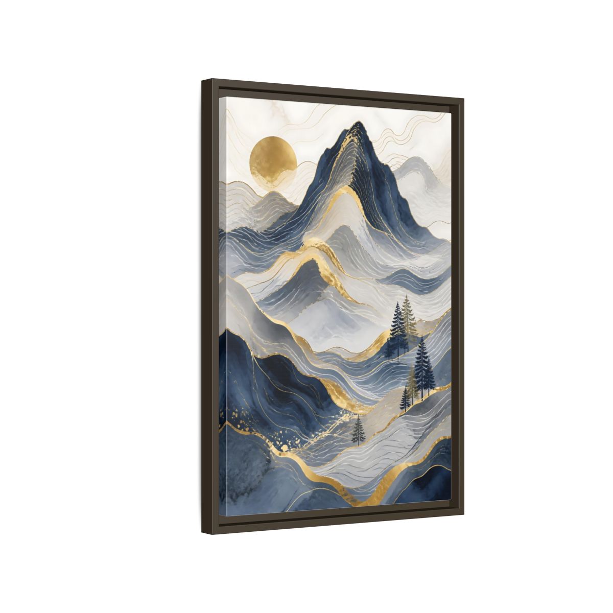 Side Mockup 2. Nature Mountains Blue And Gold shown as stretched canvas wall art