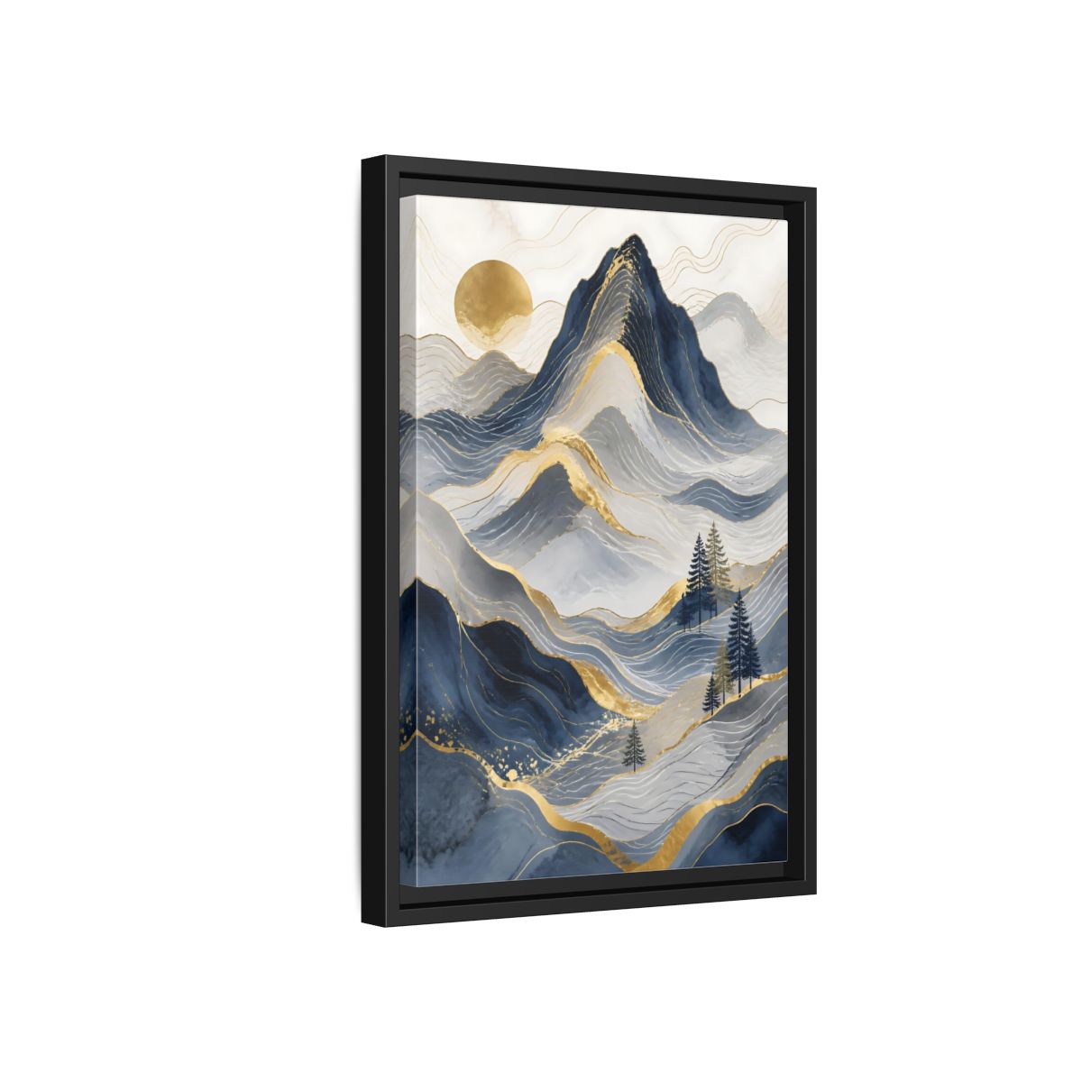 Side Mockup 6. Nature Mountains Blue And Gold shown as stretched canvas wall art
