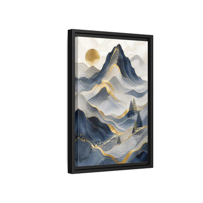 Nature Mountains Blue and Gold Framed Canvas Wall Art - Abstract Living Room Above Console Table shown as canvas wall art