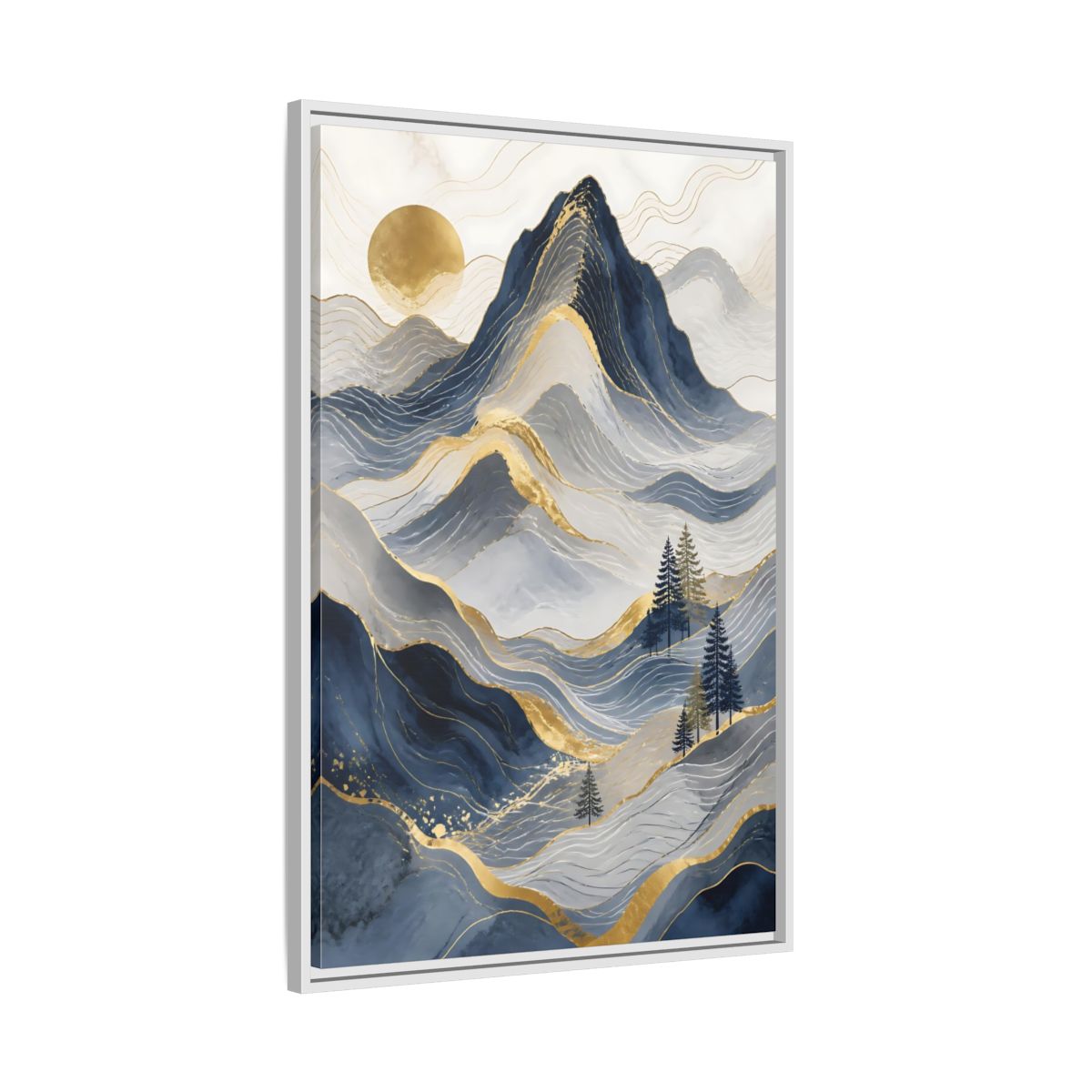 Side Mockup 9. Nature Mountains Blue And Gold shown as stretched canvas wall art