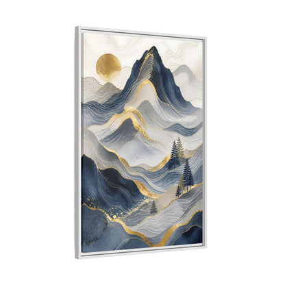 Nature Mountains Blue and Gold Framed Canvas Wall Art - Abstract Living Room Above Console Table shown as canvas wall art