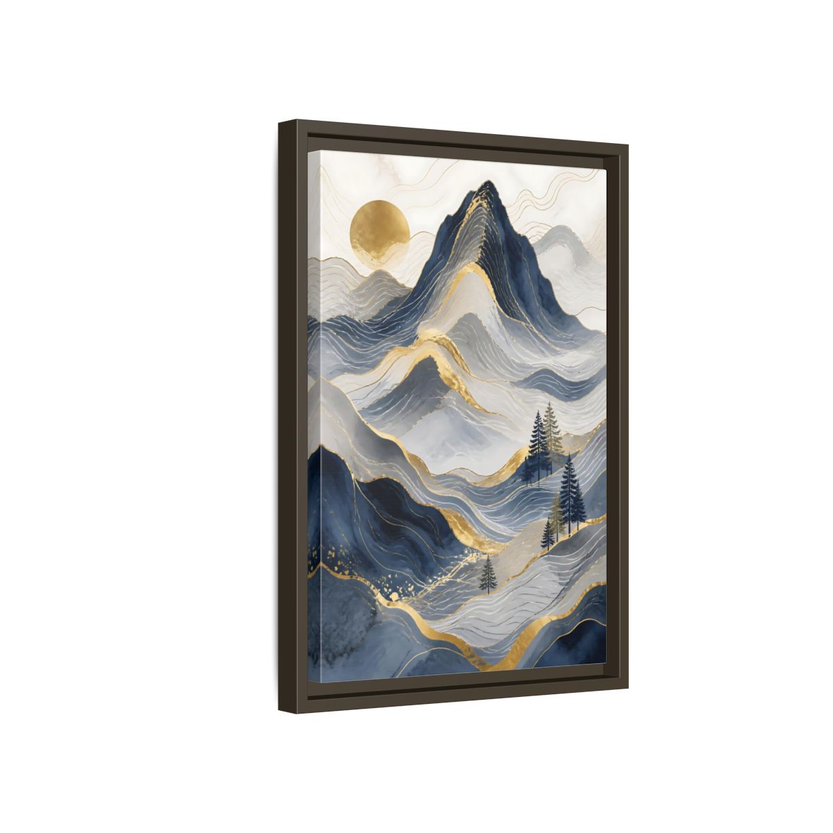 Side Mockup 5. Nature Mountains Blue And Gold shown as stretched canvas wall art