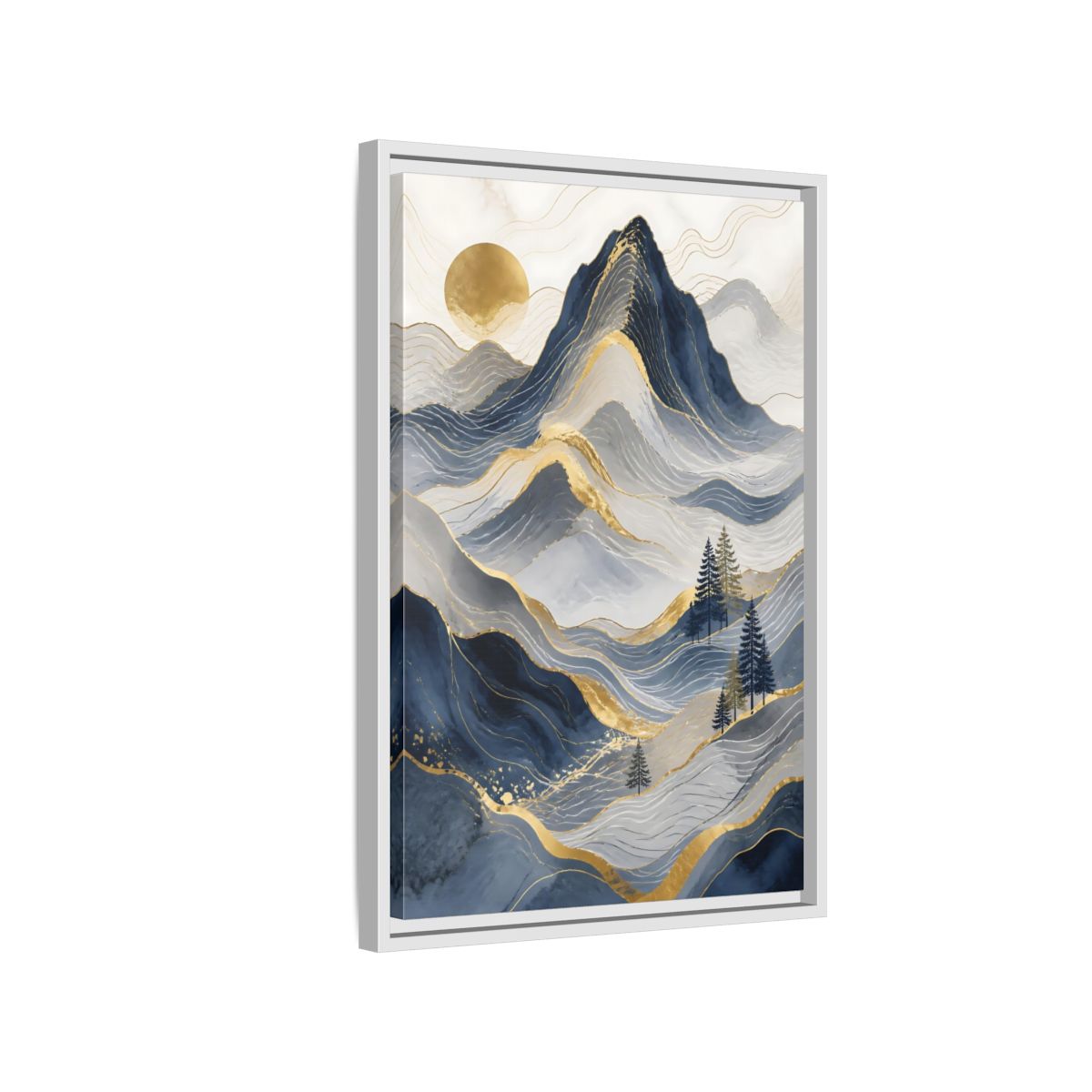Side Mockup 1. Nature Mountains Blue And Gold shown as stretched canvas wall art