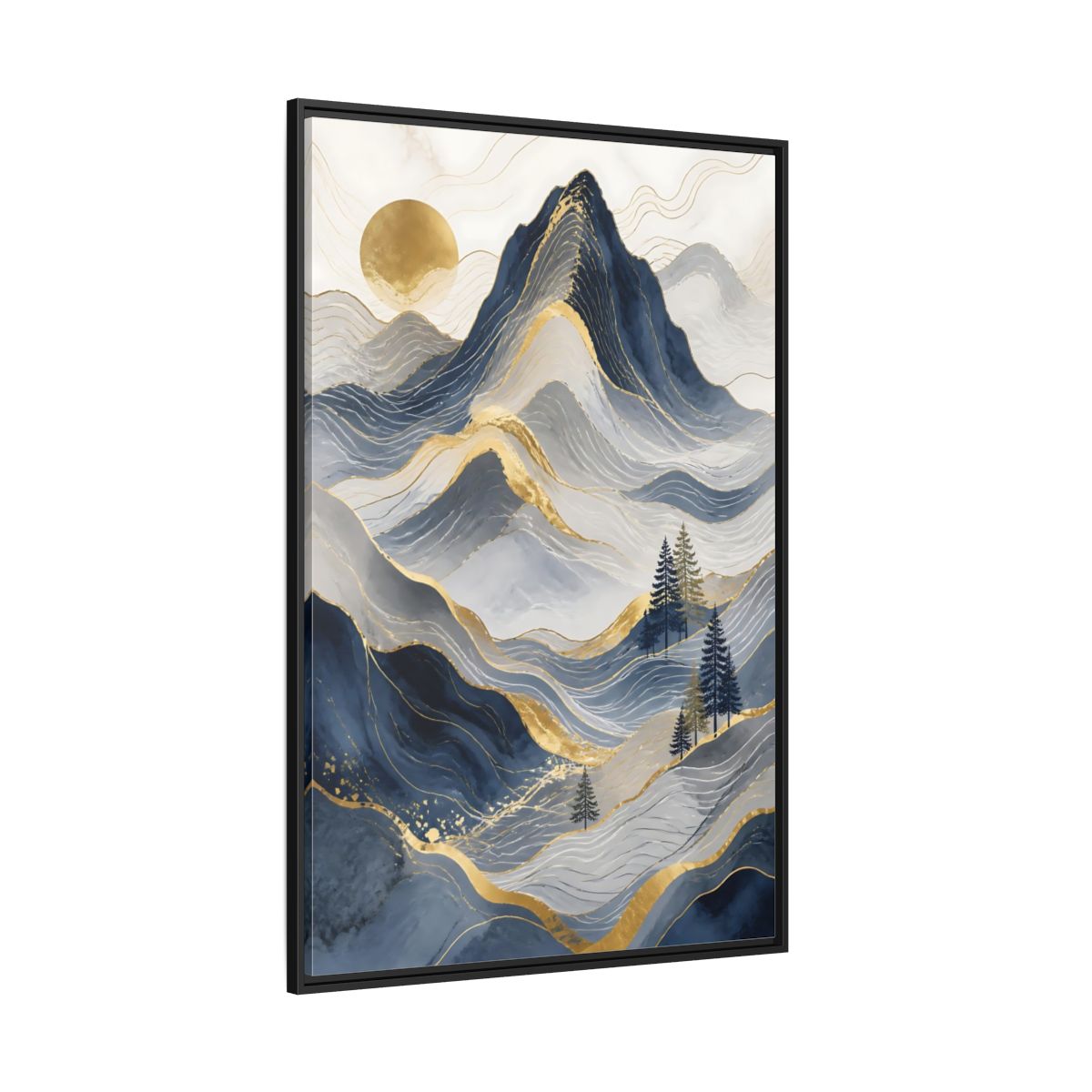 Side Mockup 12. Nature Mountains Blue And Gold shown as stretched canvas wall art