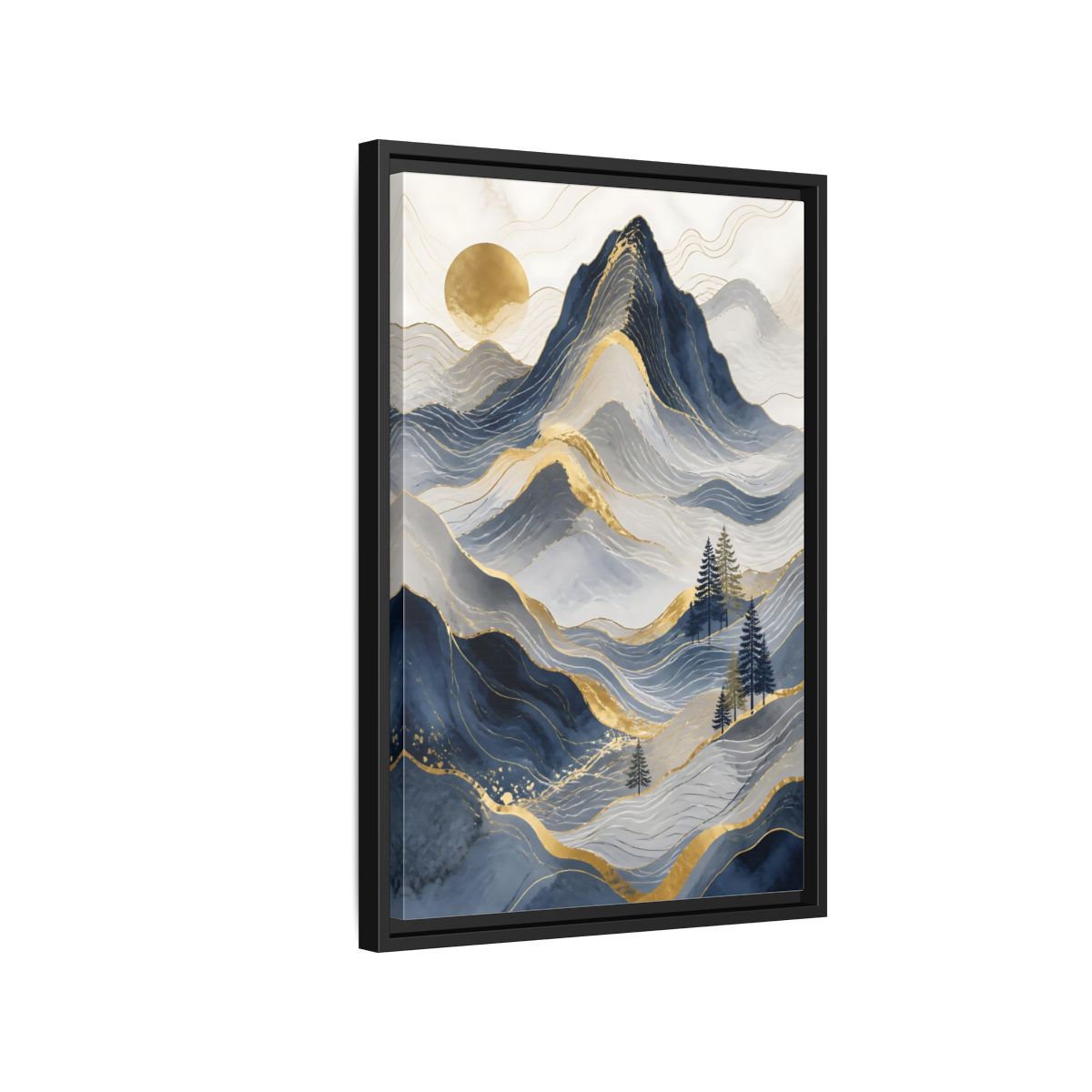 Side Mockup 3. Nature Mountains Blue And Gold shown as stretched canvas wall art