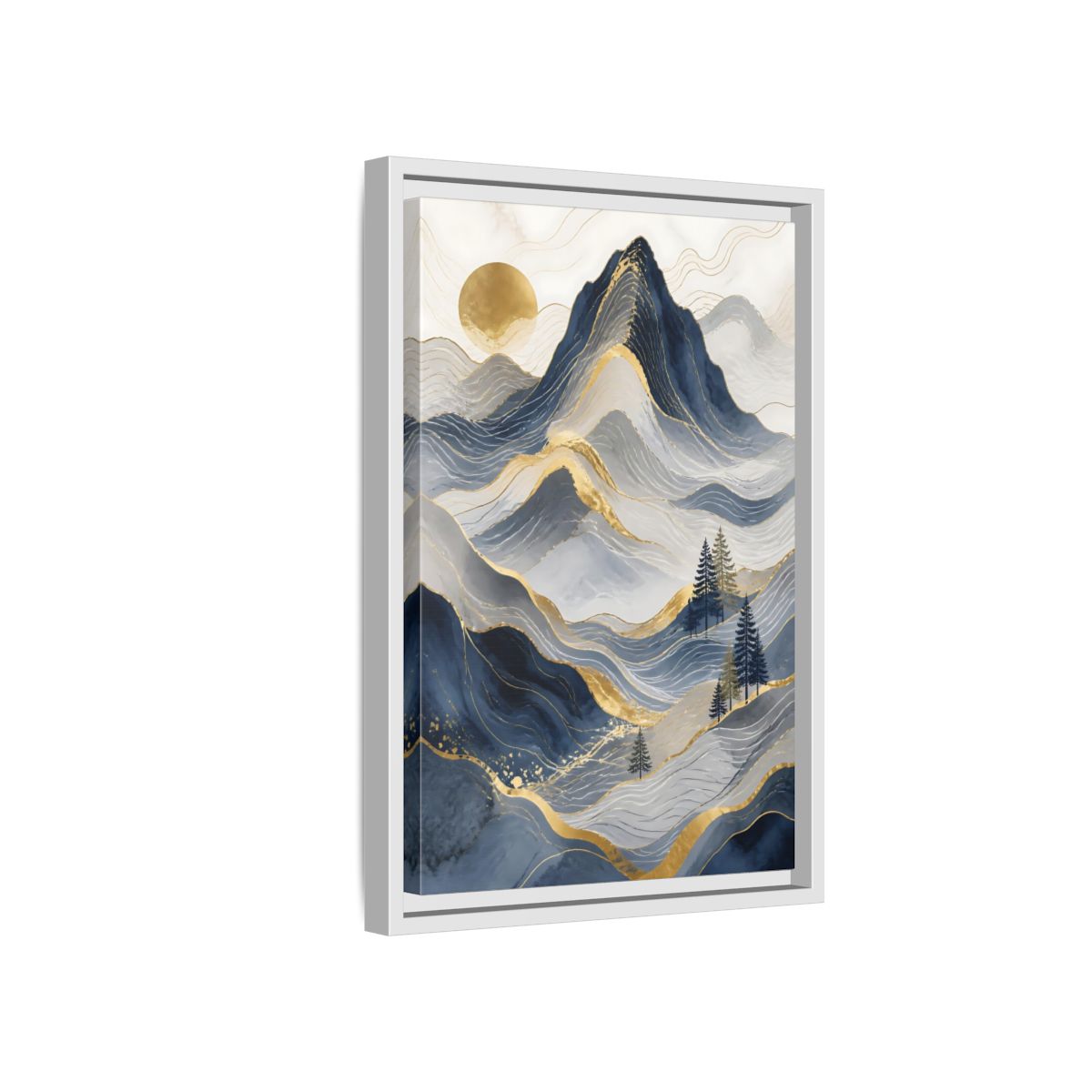 Side Mockup 4. Nature Mountains Blue And Gold shown as stretched canvas wall art