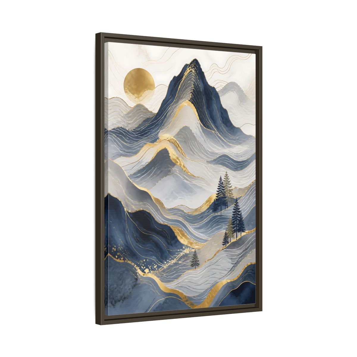 Side Mockup 11. Nature Mountains Blue And Gold shown as stretched canvas wall art