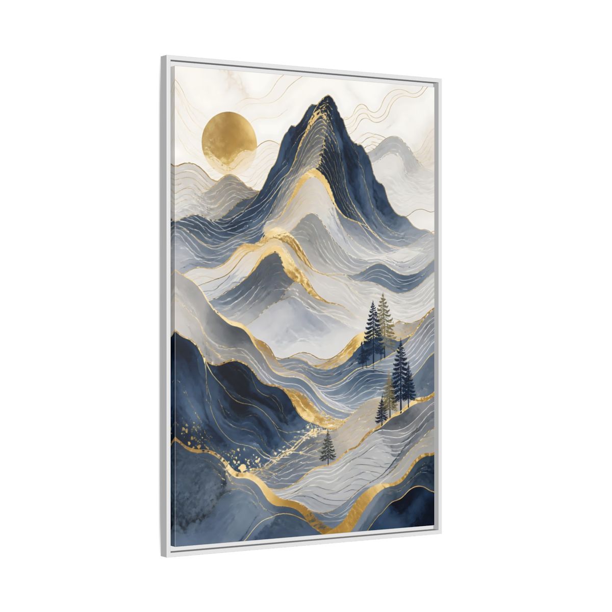 Side Mockup 7. Nature Mountains Blue And Gold shown as stretched canvas wall art