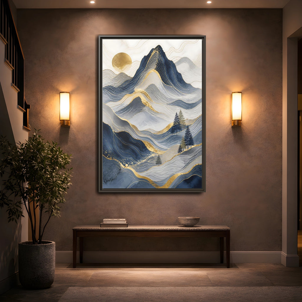 Mockup 2. Nature Mountains Blue And Gold shown as stretched canvas wall art