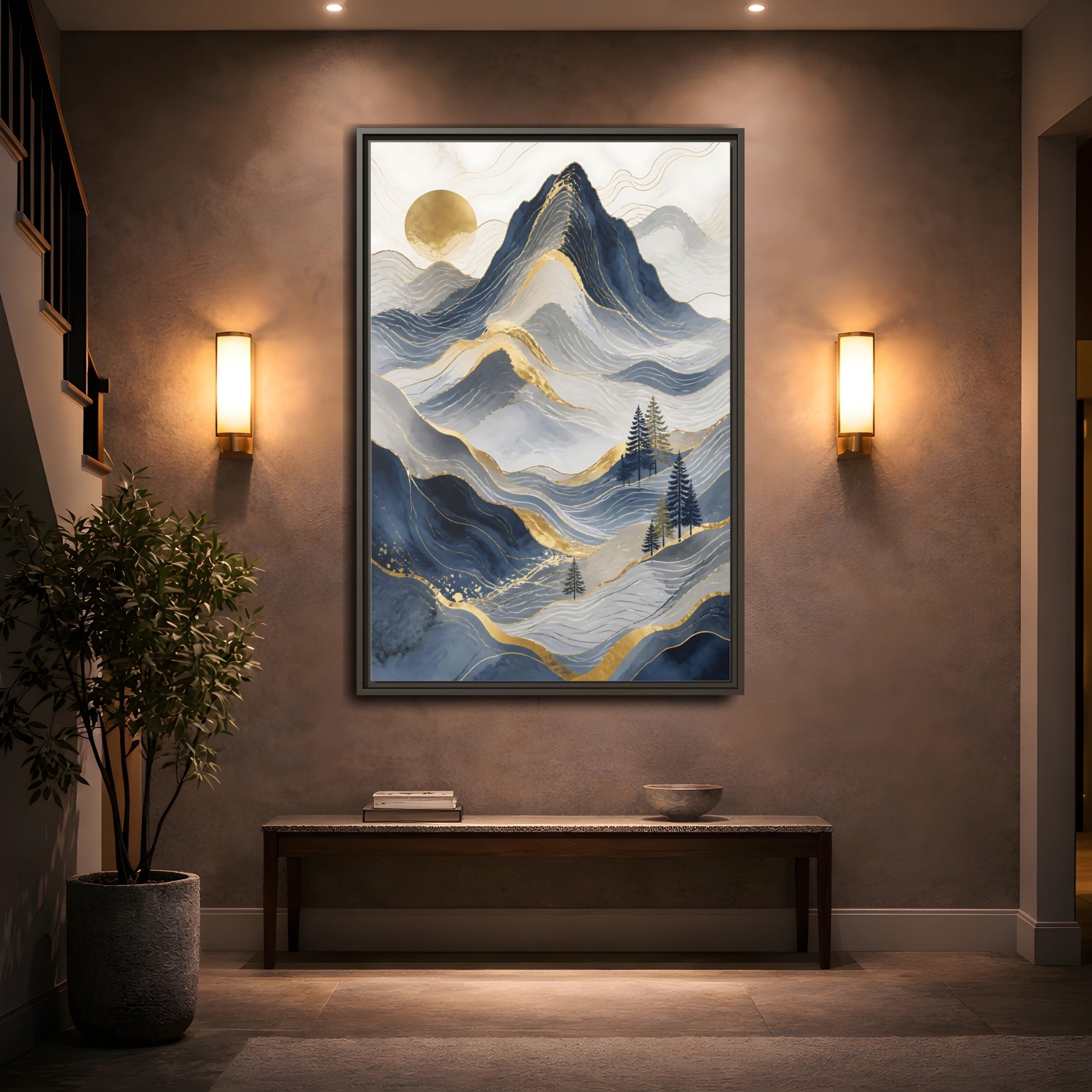 Mockup 2. Nature Mountains Blue And Gold shown as stretched canvas wall art