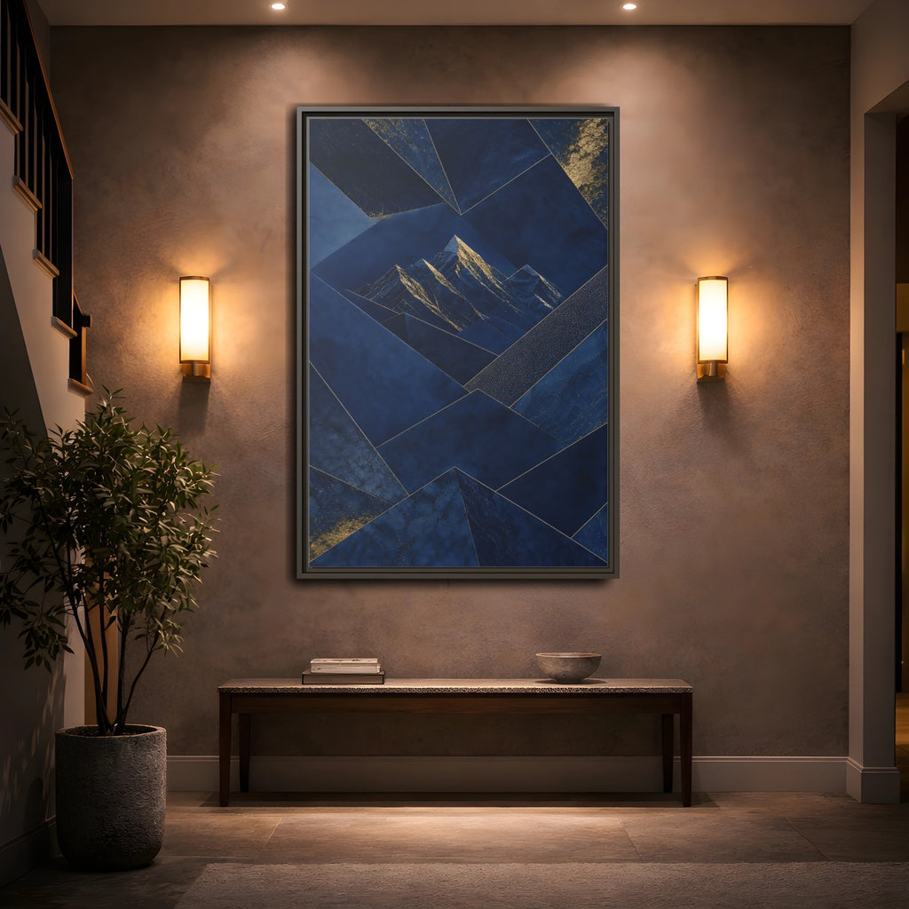 Mockup 2. Nature Mountains Blue And Gold shown as stretched canvas wall art