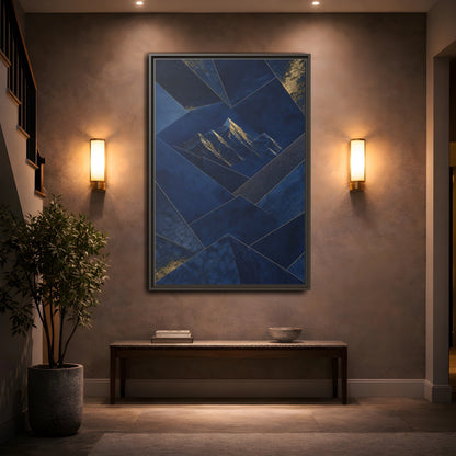 Mockup 2. Nature Mountains Blue And Gold shown as stretched canvas wall art