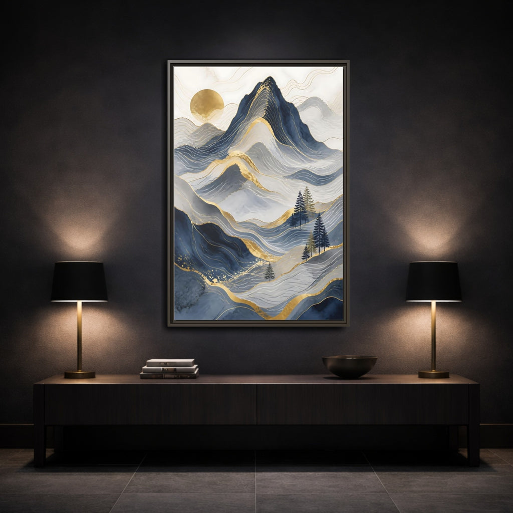 Mockup 3. Nature Mountains Blue And Gold shown as stretched canvas wall art