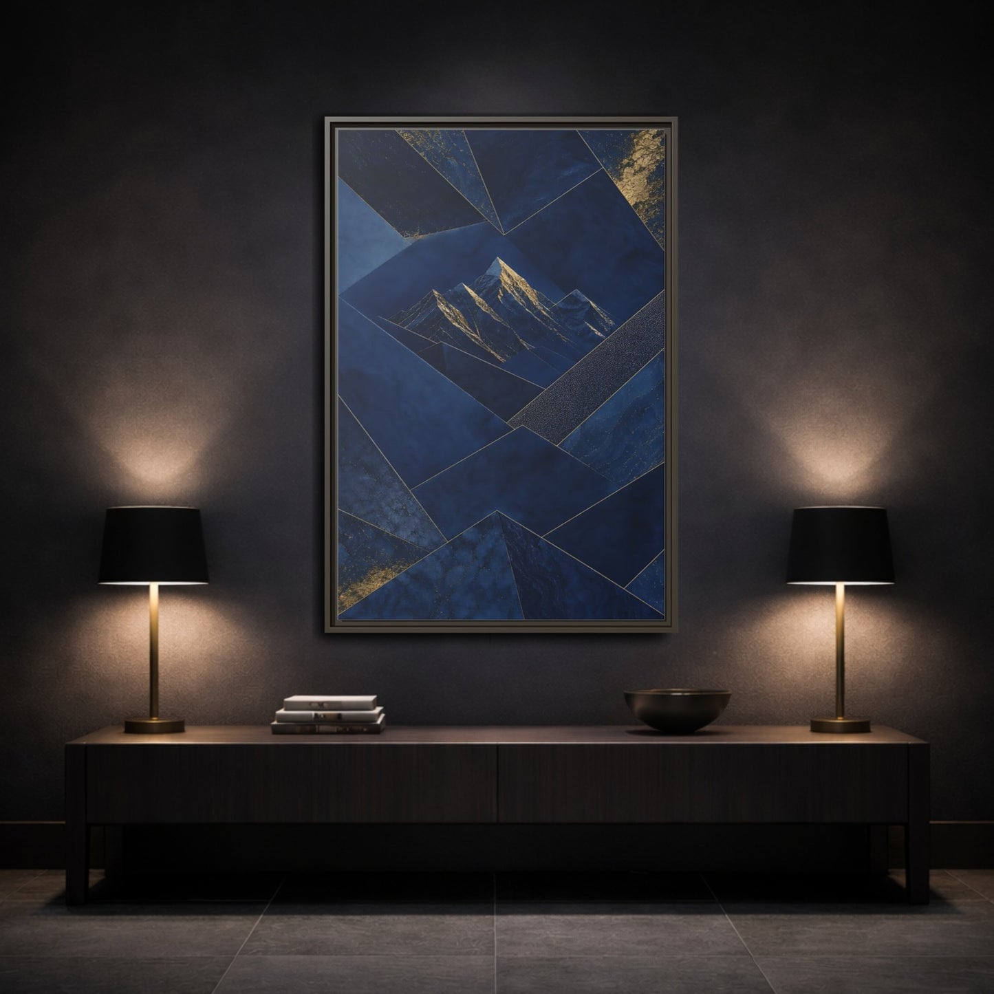 Mockup 3. Nature Mountains Blue And Gold shown as stretched canvas wall art