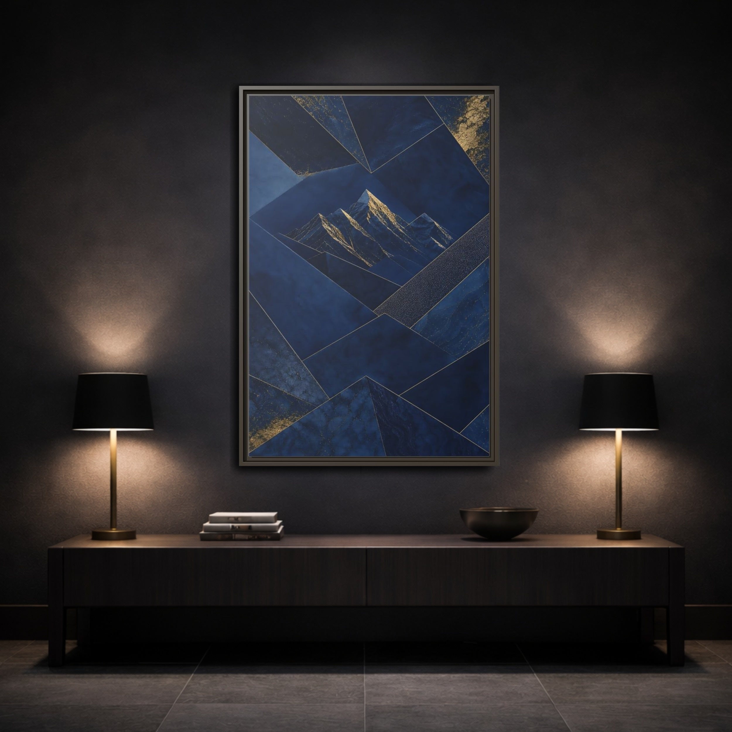 Mockup 3. Nature Mountains Blue And Gold shown as stretched canvas wall art