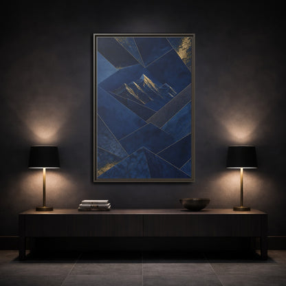 Mockup 3. Nature Mountains Blue And Gold shown as stretched canvas wall art