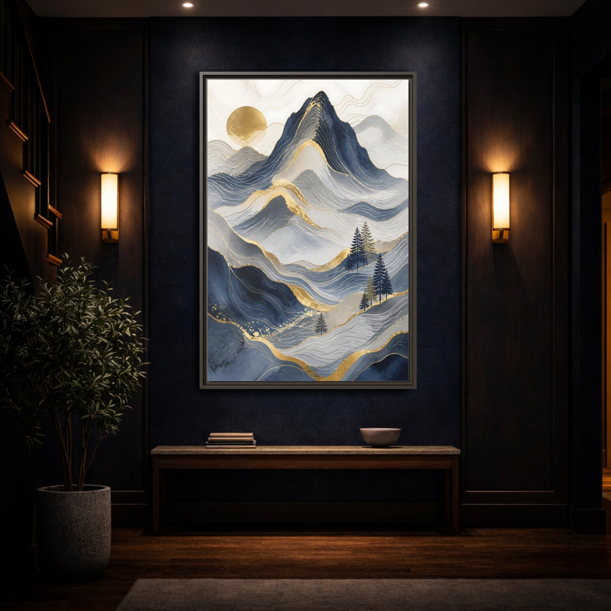 Nature Mountains Blue and Gold Framed Canvas Wall Art - Abstract Living Room Above Console Table shown as canvas wall art