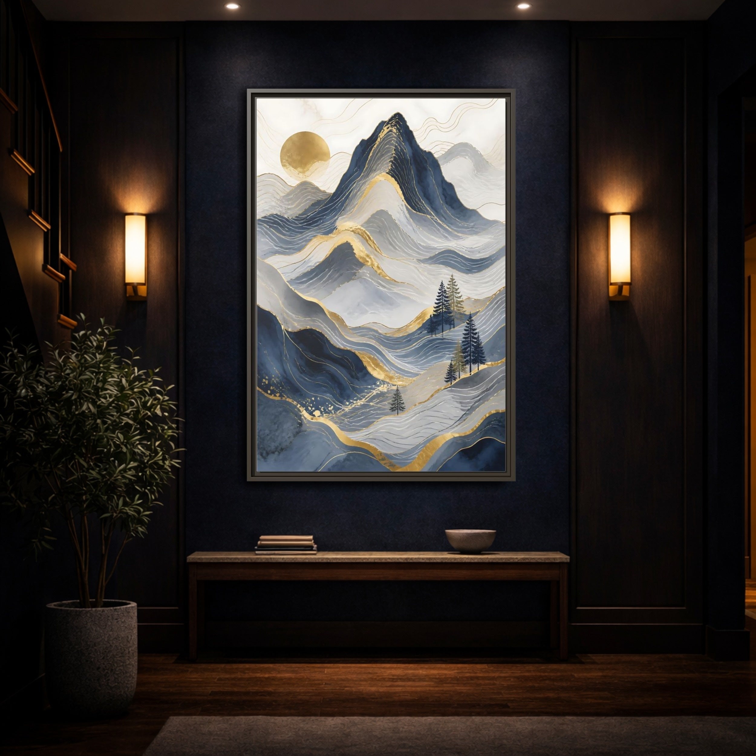 Mockup 4. Nature Mountains Blue And Gold shown as stretched canvas wall art