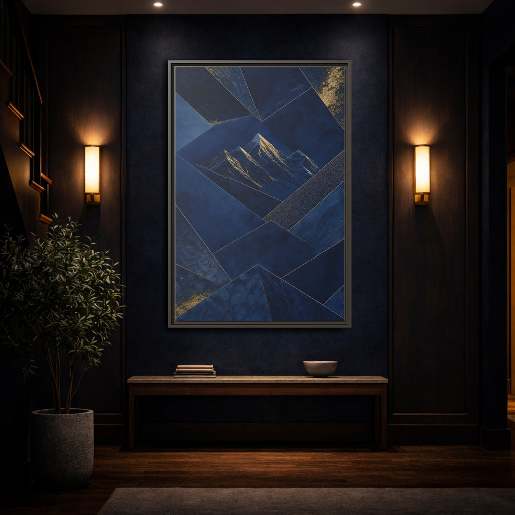 Mockup 4. Nature Mountains Blue And Gold shown as stretched canvas wall art