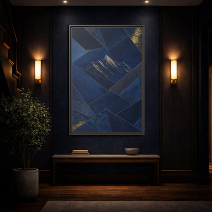 Mockup 4. Nature Mountains Blue And Gold shown as stretched canvas wall art