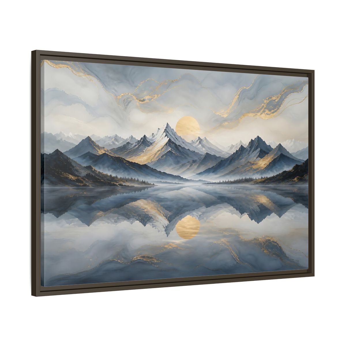 Main Mockup. Nature Mountains Blue Gold Landscape shown as stretched canvas wall art